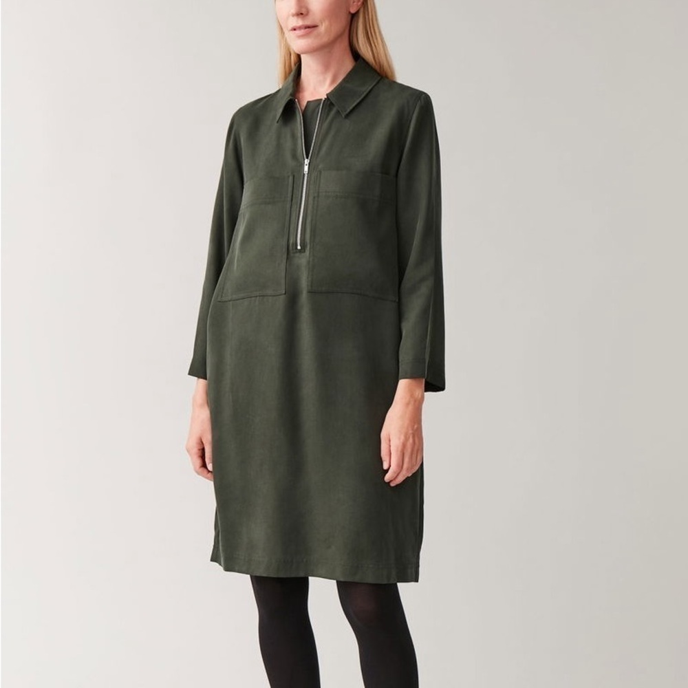COS Olive Green Utility Dress Lyocell Shirtdress Zip Long Sleeve Collar